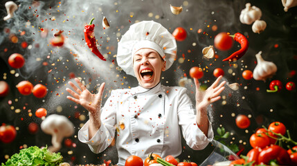 A cheerful chef, dressed in white, joyfully tosses fresh veggies, surrounded by flying ingredients, showcasing her love for cooking in a lively kitchen atmosphere