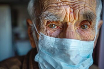 face of elderly man wearing medical facemask health safety concept