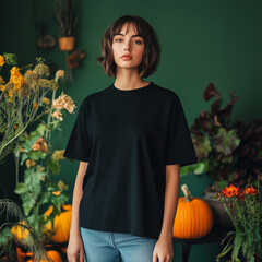 Wall Mural - Black T-shirt Mockup, Woman, Girl, Female, Model, Wearing a Black Tee Shirt and Blue Jeans, Blank Shirt Template, Standing in a Green Room with Halloween Pumpkins And Plants, Close-up View