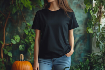 Wall Mural - Black T-shirt Mockup, Woman, Girl, Female, Model, Wearing a Black Tee Shirt and Blue Jeans, Blank Shirt Template, Standing in a Green Room with Halloween Pumpkins And Plants, Close-up View