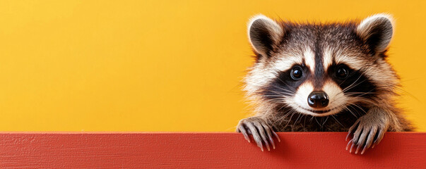 Wall Mural - A raccoon is standing on a red board with a yellow background