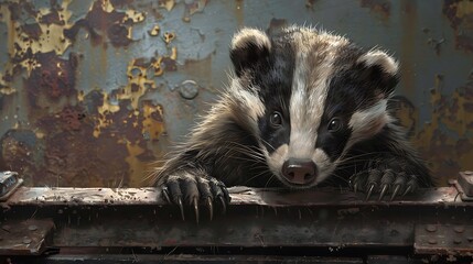 Wall Mural - An adorable and lovable badger on an iron background