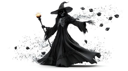 Skeletal sorcerer casting a spell, glowing staff in hand, Halloween masks floating around, 3D illustration, isolated on white background