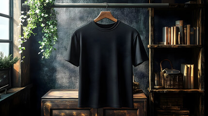 Wall Mural - A black t-shirt displayed in a rustic setting with shelves.