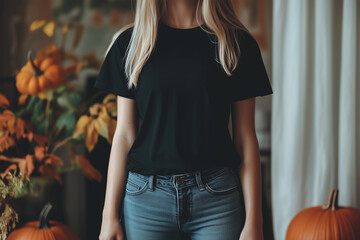 Wall Mural - Black T-shirt Mockup, Woman, Girl, Female, Model, Wearing a Black Tee Shirt and Blue Jeans, Blank Shirt Template, Standing in a Room with Halloween Pumpkins And Plants, Close-up View