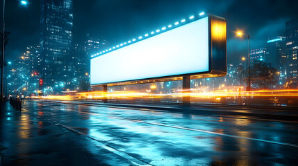 Poster - A blank billboard illuminated at night in a cityscape.