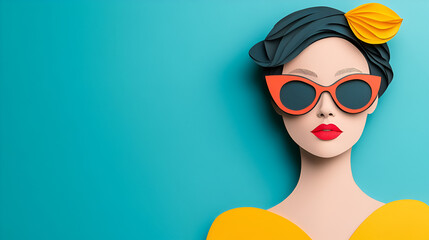 Wall Mural - Stylish Paper Cutout Woman with Red Sunglasses and Bright Lipstick on Turquoise Background