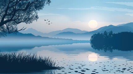 Wall Mural - design a vector image of a peaceful lakeside view.