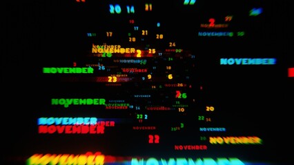 Leinwandbilder - Abstract digital art with glowing text representing the month of November in vibrant neon colors on a dark background