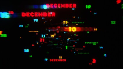 Aufkleber - Abstract digital art with glowing text representing the month of December in festive neon colors on a dark background