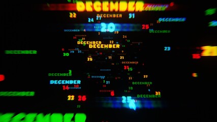 Aufkleber - Abstract digital art with glowing text representing the month of December in festive neon colors on a dark background