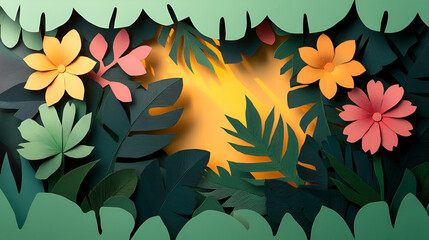 Wall Mural - Tropical Paper Flowers and Leaves Background for Your Designs