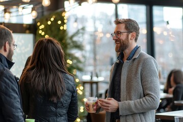 Creative professionals engaging in lively conversations and exchanging ideas at a networking event