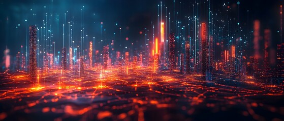 Futuristic AI Powered Predictive Cityscape with Glowing Skyscrapers and Illuminated Data Visualizations