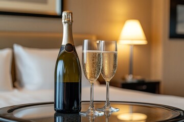 A bottle of champagne sits on a table alongside two sparkling glasses, creating a festive atmosphere in a luxurious hotel room