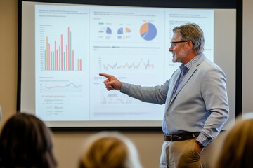 Wall Mural - A businessman engages a small audience with a presentation, highlighting key data on charts and graphs in a professional setting