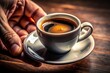 © Sirinporn - hand holding espresso coffee, details of the fingers holding the cup and the dark surface of the coffee are clearly visible, Ai Generated Images