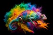 © Sirinporn - Vibrant multicolor powder paint explosion splashes onto a solitary chameleon isolated on a transparent background, creating a stunning, chameleon-shaped dust explosion of colorful chaos.