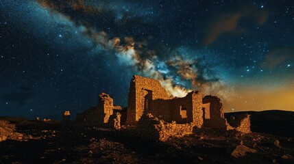 Poster - Stone Ruins Underneath a Starry Sky