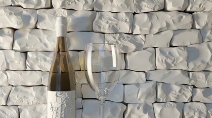 A bottle of white wine and a wine glass are displayed on a brick wall