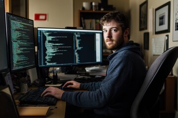 Wall Mural - The software developer focuses intently on coding, surrounded by his workspace with dual monitors and various programming languages visible on the screens