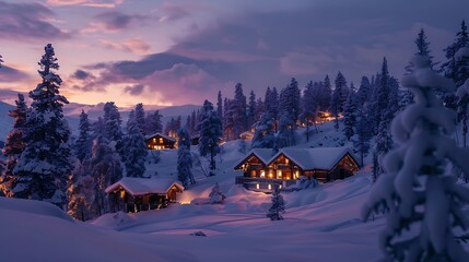 Poster - An exterior view of the outside of a snow covered hill lodge at dusk