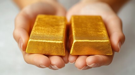 Close-Up of Woman's Hands Holding Two Gold Bars, Isolated on White Background with Copy Space, Flat Lay Composition