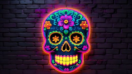 A bright neon skull illuminates a dark brick wall, symbolizing the Mexican tradition of Day of the Dead