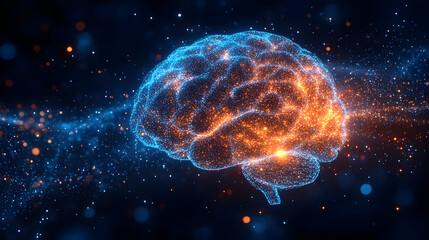 Wall Mural - A digital representation of a brain with glowing particles.