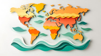 Wall Mural - Colorful Paper World Map with Ocean Waves for Travel and Geography Projects