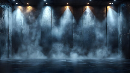 Wall Mural - A dimly lit industrial space with fog and spotlight effects.