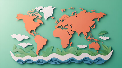 Wall Mural - Colorful Paper World Map with Ocean Waves for Travel and Geography Projects