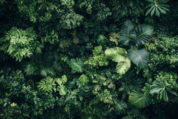 Wall Mural - Explore a dense tropical forest from above, revealing a rich tapestry of lush greenery with a blank area for additional content or messaging