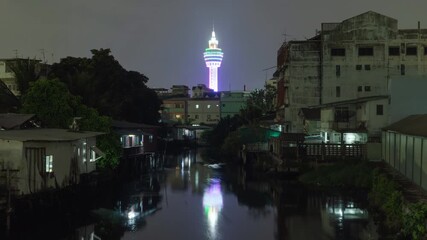 Sticker - Samut Prakan Observation Tower with river reflection in urban city town, Thailand.