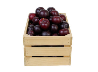 Wall Mural - Red plums in wooden box isolated on white background