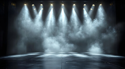 Wall Mural - A dramatic stage with spotlight beams and misty atmosphere.