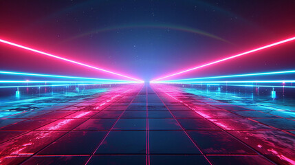 Retro cyberpunk style futuristic background with glowing laser grid modern landscape. Ai generated