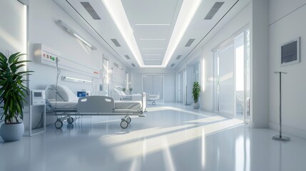 A modern hospital room with medical equipment and a hospital bed on a pristine white background.