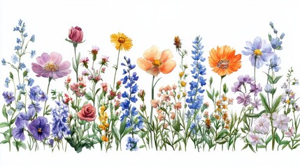 Wall Mural - Beautiful seamless floral water color pattern Set, watercolor wild flowers, leaves and grass,Collection botanic garden elements. Vector isolated illustration in rustic or vintage style,copy space.
