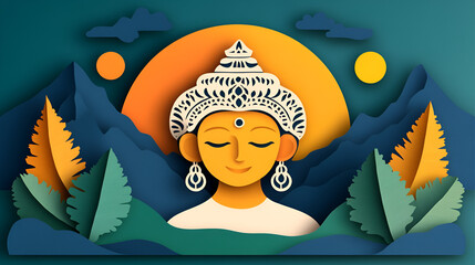 Wall Mural - Peaceful Woman in Paper Cut Style with Mountain Landscape and Sunset for your Designs.