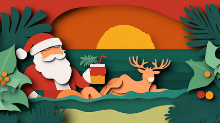 Wall Mural - Santa and Reindeer Enjoying Tropical Vacation, Perfect for Holiday Greetings!