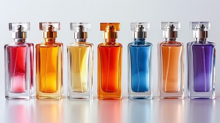 Colorful scented liquid bottles in rectangular shapes for men and women, placed on a white background with reflective surfaces for a polished look.