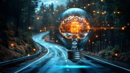 Wall Mural - A glowing brain inside a lightbulb over a winding road.