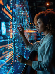 Wall Mural - Focused woman interacting with futuristic digital interface displaying data and holograms. Concepts of technology, innovation, and data analysis.