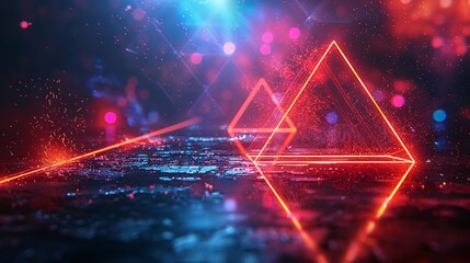 Wall Mural - Geometric shapes in neon red and blue on a dark base, featuring glowing particles and light effects for a dynamic background.