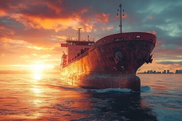 Wall Mural - Cargo ship sailing at sunset with dramatic sky