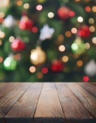 Wall Mural - Empty wooden table over defocused christmas background with copy space