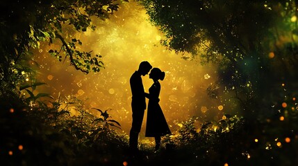 Wall Mural - silhouette of a couple in love standing in a golden forest with glowing lights, a romantic scene.