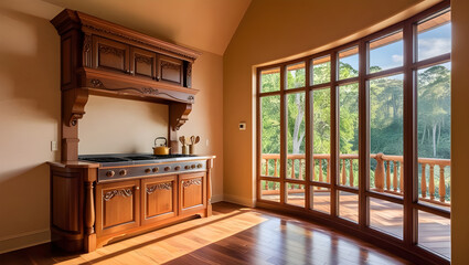 Wooden home kitchen interior with cooking cabinet and panoramic window