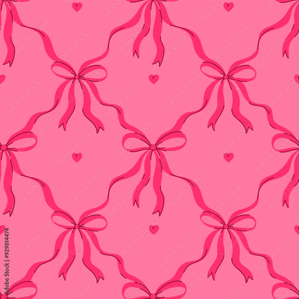 Seamless pattern with pink bows and hearts on a pink background. Vector ...